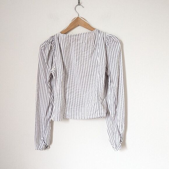 Free People white grey neutral stripe Caroline U-neck princess long sleeve top - Picture 5 of 6